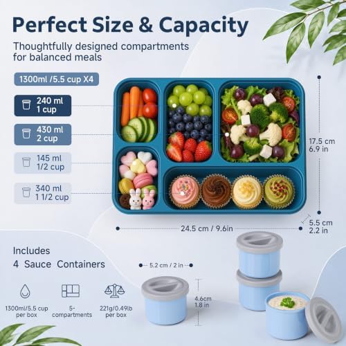 4 Packs Bento Snack Box Container for Adults with 4 Sauce Cups, Blue