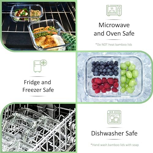 EcoPreps Large Glass Bento Box Containers with Bamboo Lids, 3