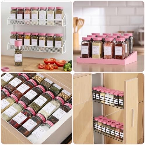 FavorFlavor 24pcs 4oz Glass Spice Jars with Labels & Pink Lids for