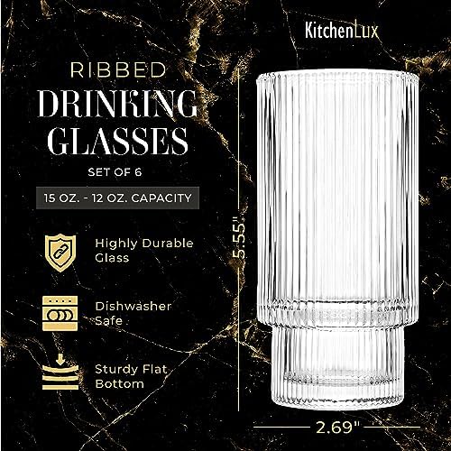 Kitchen Lux Ribbed Glass Cups 12oz (Set of 6) Highball Tall Glass