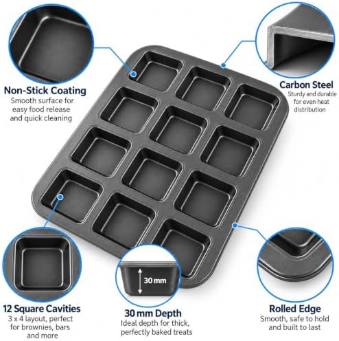 3 Pcs 12-Cavity Brownie Pan with Dividers, Black, 14" × 10.5" × 1.2"