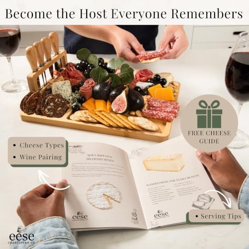 Eese Charcuterie Board Set, 14 x 11 Inch Bamboo Cheese Board with Cheese Knife Set, Deep Groove Serving Tray, Screw-Mount Utensil Holder, Gift for Housewarming & Entertaining