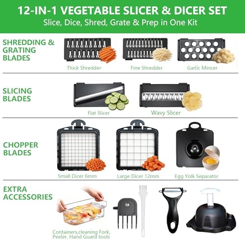 Vegetable Chopper, 12-in-1 Food Chopper with Container, 8 Blades