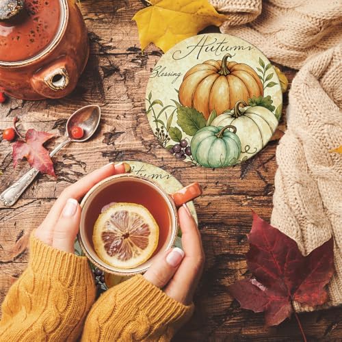 Whaline 4Pcs Fall Thanksgiving Coasters Vintage Autumn Pumpkin Ceramic