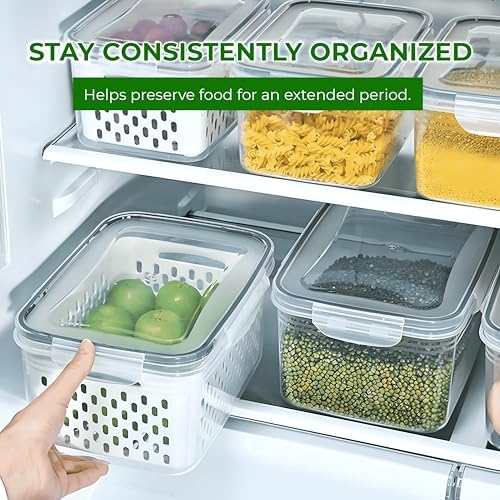 Fruit Storage Containers for Fridge, 4 Pieces, Removable Colander