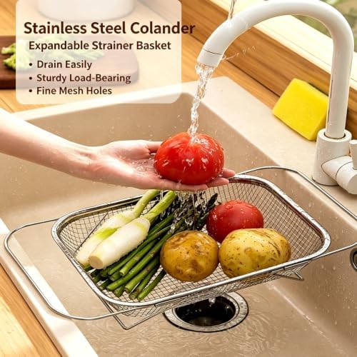 Stainless Steel Expandable Colander Over The Sink, Rack-Hangable