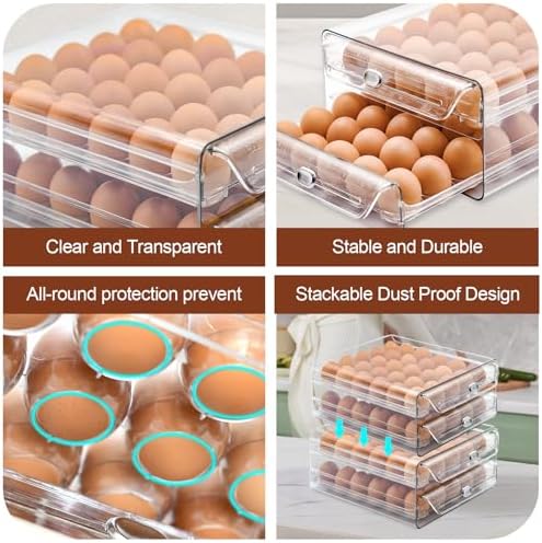 Egg Holder for Refrigerator, 60 Eggs, Clear Drawer