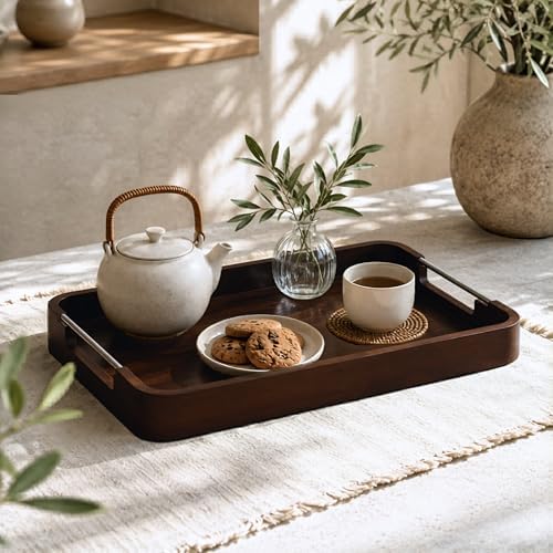 22x16 Inches Large Wooden Serving Tray with Metal Handles for Dining