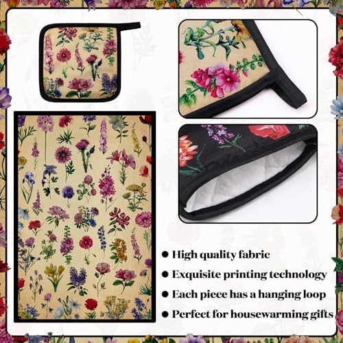 Bencailor 6 Pcs Vintage Flower Kitchen Towels Oven Mitts and Pot