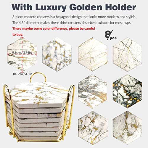 Coasters Set of 8 with Metal Holder Stand, Marble Design Ceramic
