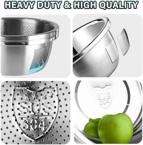 304 Stainless Steel Colander 5QT Microporous Colander & Large Bowl for Kitchen,Rice Strainer with Salad Mixing Bowl for Pasta Straining,Fruit Washing,Vegetable Draining,Food Mixing(2PCs)