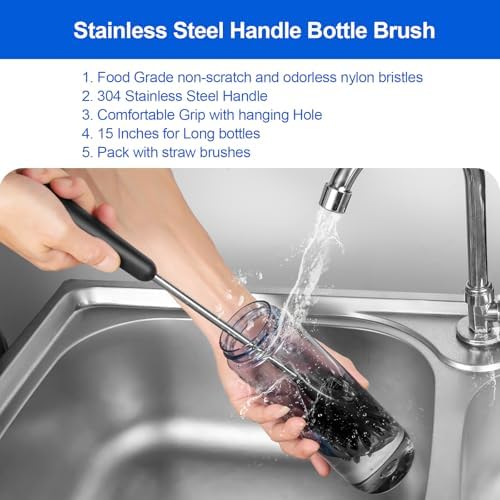 Bottle Brush, Long Stainless Steel Handle Water Bottle Brush Cleaner