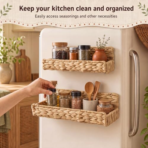 4 Pcs Magnetic Spice Rack for Refrigerator, Water Hyacinth