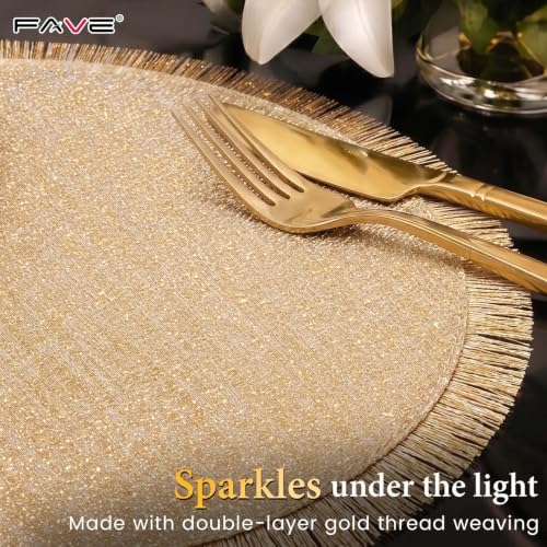 FAVE Gold Woven Placemats Set of 6, Washable Round Table Mats