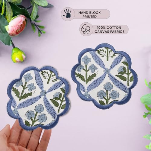 Ridhi 8-Pcs 100% Cotton Hand Block Print Drink Coasters 5 Inch Steel
