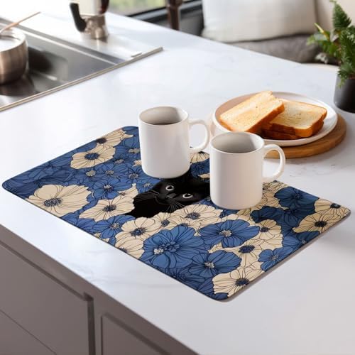 Black Cat Dish Drying Mat for Kitchen Counter Microfiber Super
