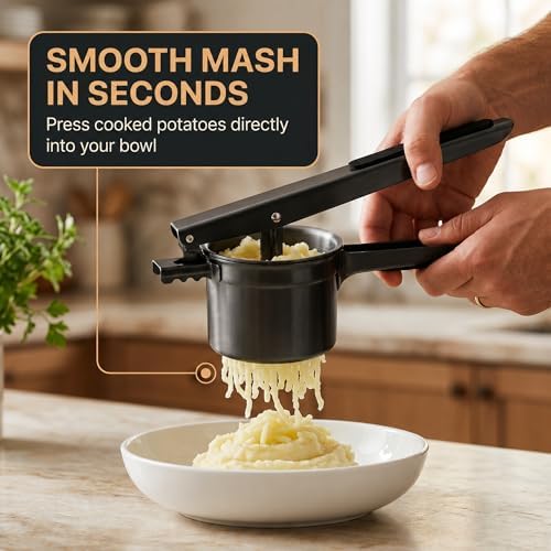 Potato Ricer Stainless Steel (15 oz, Black) - Heavy Duty Potato Masher