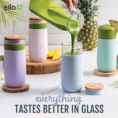 Ello Devon 18oz Glass Tumbler with Straw & Bamboo Lid for Iced Coffee