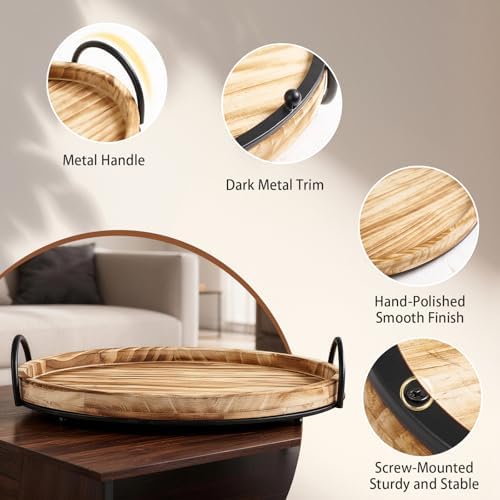 14.5" x 10" Round Wood Serving Tray with Metal Handles