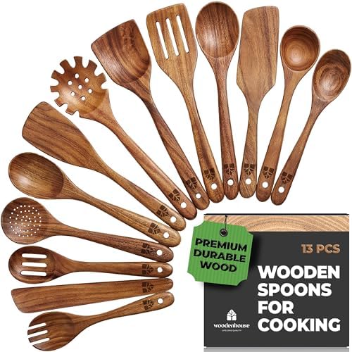 13-Piece Teak Wood Utensil Set with 4-Piece Spatula Set