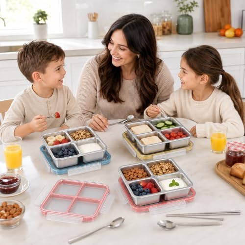 PUNOMO 4 Pack Stainless Steel Snack Containers with 4 Salad Dressing