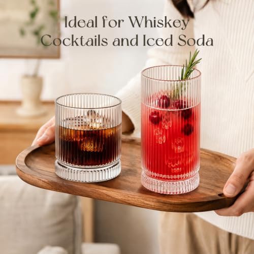 KEMORELA Ribbed Glassware Set of 8—4 Large Capacity Highball Glasses