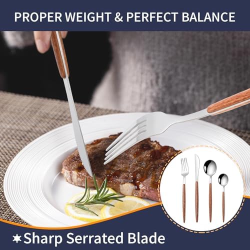 16-Piece Silverware Set for 4, Wood-Grain Handle Flatware