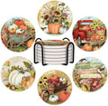 6Pcs Fall Pumpkin Coasters with Holder, Sunflower Truck Ceramic