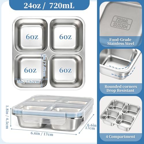 Stainless Steel Snack Containers with Lids, 4 Compartment Bento Snack