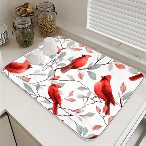 Dish Drying Mats for Kitchen Counter Christmas Red Cardinals Birds On