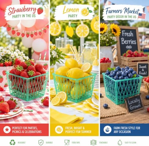 100 Pcs Pint Size Plastic Berry Baskets Green Open Weave