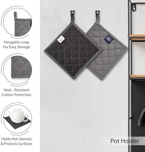Encasa XO Kitchen and Dish Towels, Oven Mitts Set Grey Combo