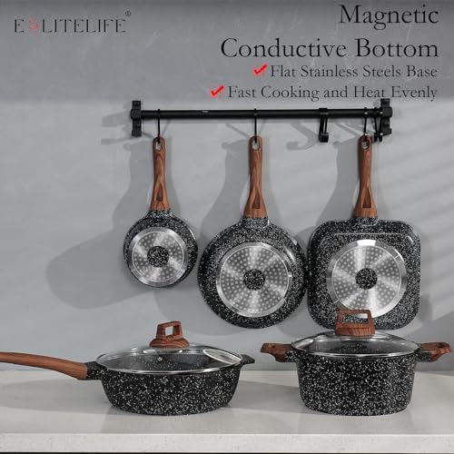 ESLITE LIFE Nonstick Cookware Sets, 12 Pcs Granite Coating Pots and