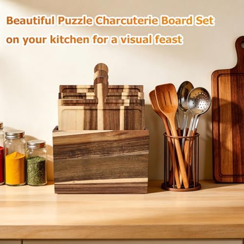 Puzzle Piece Charcuterie Board Set, 4-Piece Interlocking Acacia Wood Cheese Board & Appetizer Tray with Handles, Reversible Serving Platter for Party, Wine Night, Gift with Storage Box