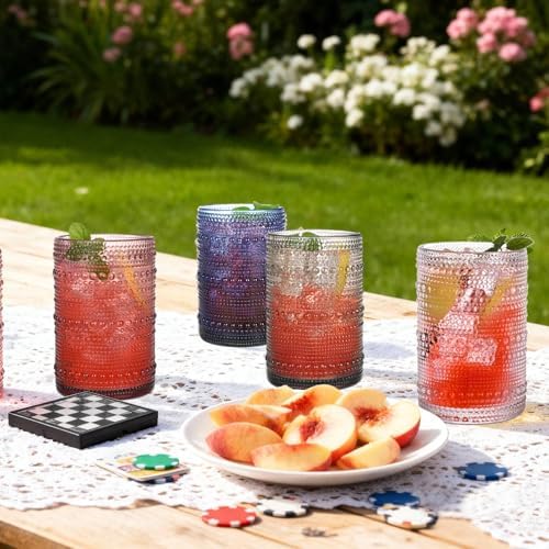 Colored Hobnail Drinking Glasses Set of 6, 15 oz Vintage Highball