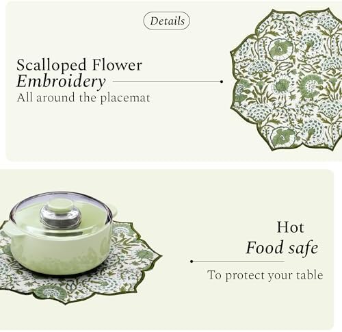 CPC Agate Green Block Print Cotton Floral Placemat 15x15 Inch, Set of