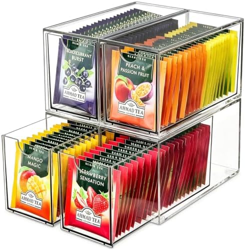 4 Pack Tea Bag Drawers Organizer, Clear Plastic Stackable Tea