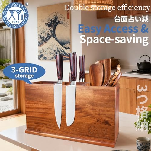 XYJ Acacia Wood Utensil Holder, 3-Compartment