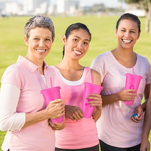 12 Pcs Breast Cancer Awareness Tumblers with Lids and Straws 24 oz