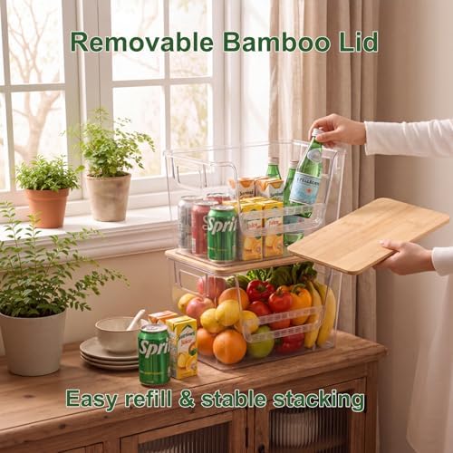 FUSHITON 2 Set Pantry Organizers, Clear Trash Bag Holder with Bamboo