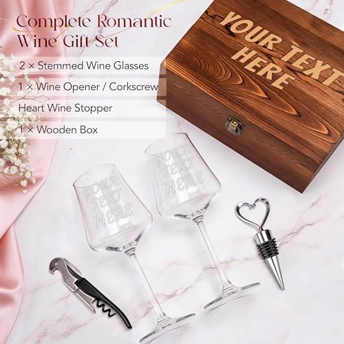 Custom Couples Wine Glasses Set Of 2, Engraved Your Text, Wood Box