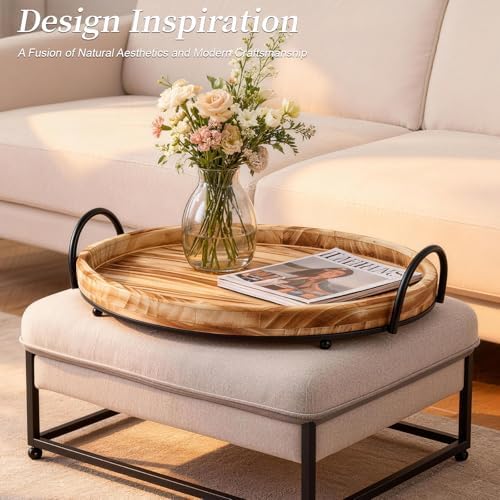 14.5" x 10" Round Wood Serving Tray with Metal Handles