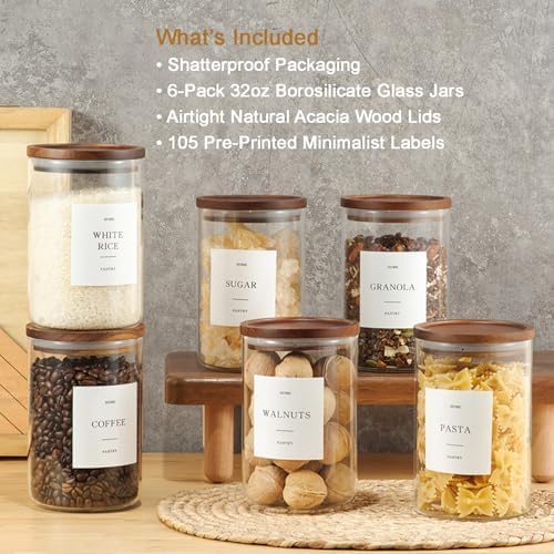 6 Pack Glass Jars with Acacia Lids, 32oz Pantry Airtight Storage