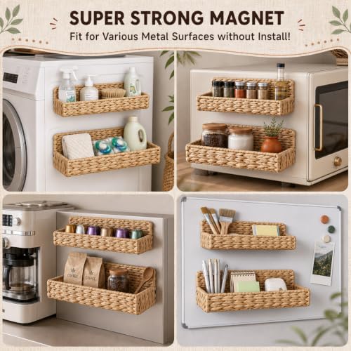 4 Pcs Magnetic Spice Rack for Refrigerator, Water Hyacinth