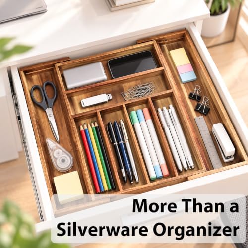 KITEISCAT Acacia Wood Expandable Silverware Organizer, Kitchen Utensil