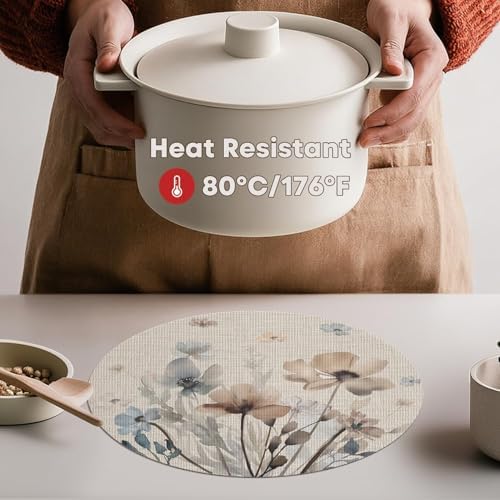 Artoid Mode Brown Poppy Floral Round Placemats Set of 4, 14 Inch