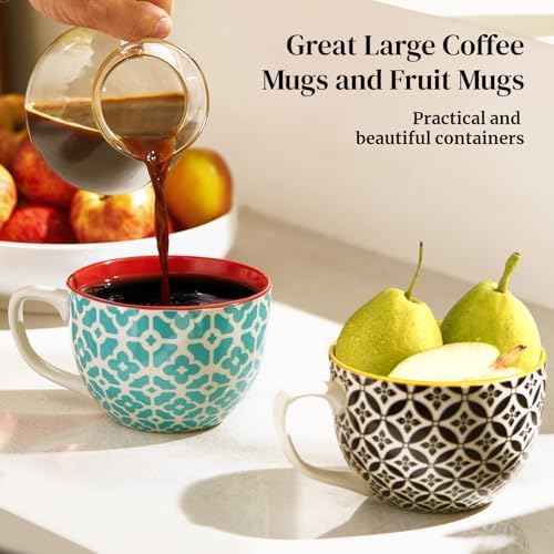 DOWAN 24 OZ Boho Mosaic Soup Mugs with Handle, Large Coffee Mugs Set