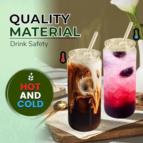 Joyclub 2pcs Glass Cups with Acrylic Lids and Straws 20 oz Drinking