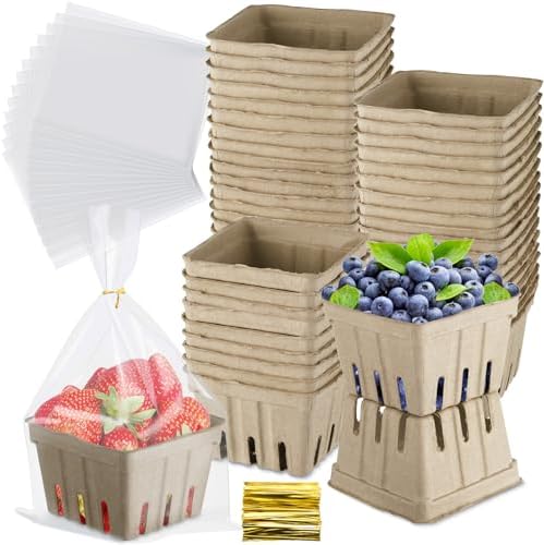Amyhill 100 Pack Pulp Fiber Basket Set Include 100 Strawberry Berry