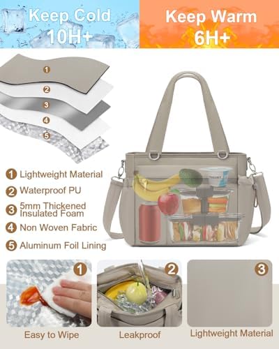Insulated Lunch Bag for Women Leakproof Soft Lunch Tote 10L Camel